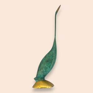 Mid-Century Modern Verdigris Brass Crane - Minimalist Statuette